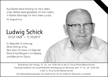 Traueranzeige von Ludwig Schick von Allgäuer Zeitung, Kaufbeuren/Buchloe