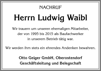 Traueranzeige von Ludwig Waibl von Allgäuer Zeitung, Kaufbeuren/Buchloe