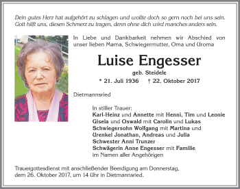 Traueranzeige von Luise Engesser von Allgäuer Zeitung,Kempten