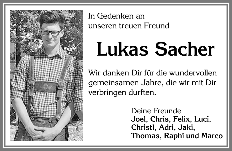  Traueranzeige für Lukas Sacher vom 20.10.2017 aus Allgäuer Zeitung, Füssen