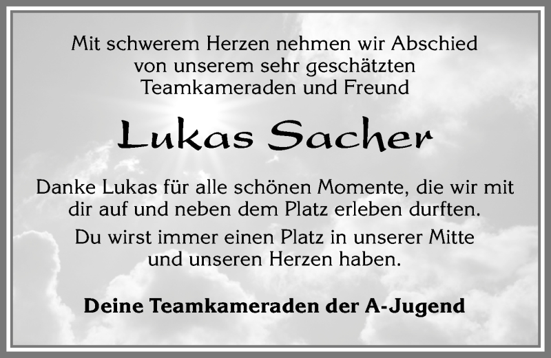  Traueranzeige für Lukas Sacher vom 18.10.2017 aus Allgäuer Zeitung, Füssen