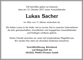 Traueranzeige von Lukas Sacher von Allgäuer Zeitung, Füssen