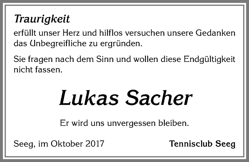  Traueranzeige für Lukas Sacher vom 20.10.2017 aus Allgäuer Zeitung, Füssen