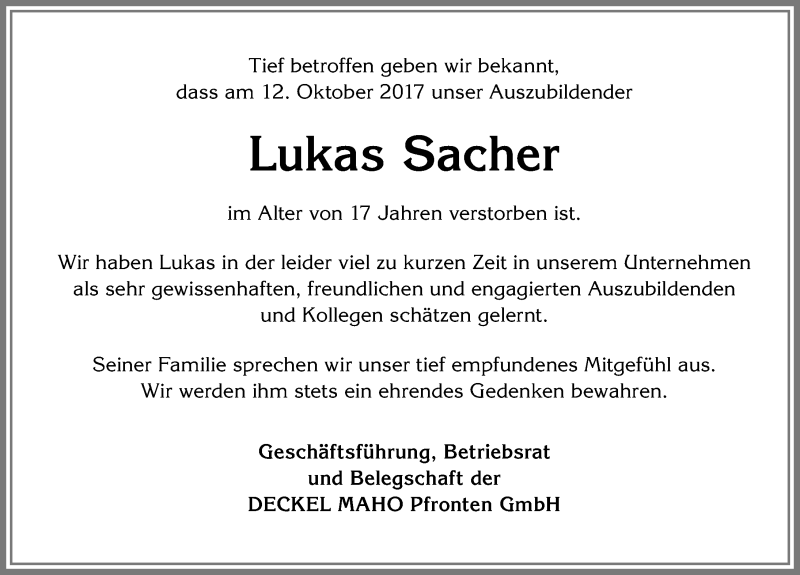  Traueranzeige für Lukas Sacher vom 17.10.2017 aus Allgäuer Zeitung, Füssen