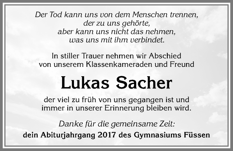  Traueranzeige für Lukas Sacher vom 21.10.2017 aus Allgäuer Zeitung, Füssen
