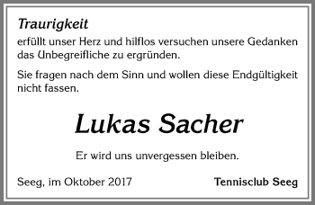 Traueranzeige von Lukas Sacher von Allgäuer Zeitung, Füssen