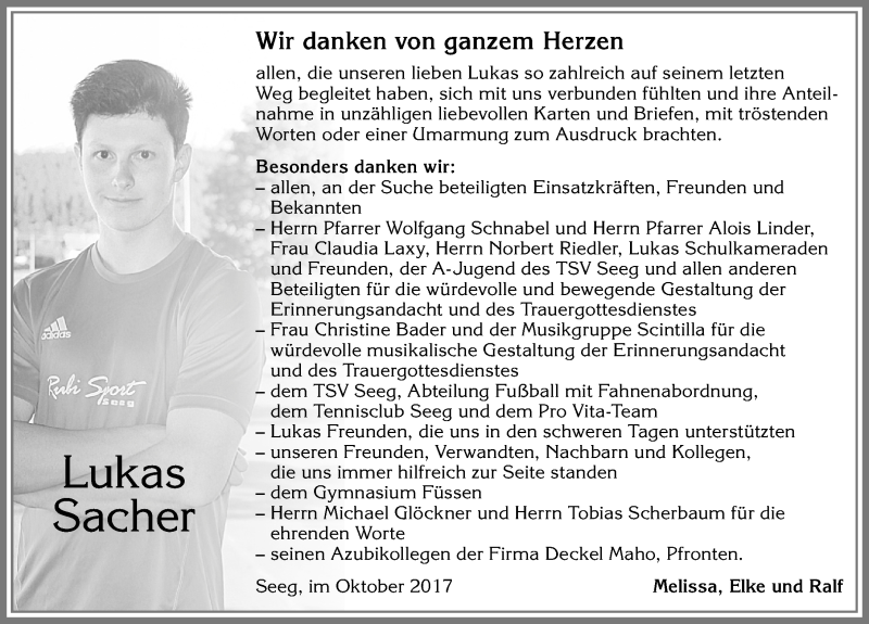  Traueranzeige für Lukas Sacher vom 28.10.2017 aus Allgäuer Zeitung, Füssen