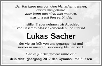 Traueranzeige von Lukas Sacher von Allgäuer Zeitung, Füssen