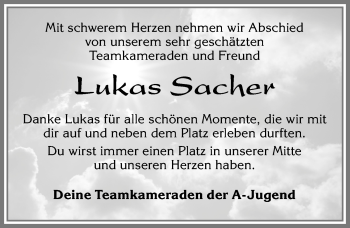 Traueranzeige von Lukas Sacher von Allgäuer Zeitung, Füssen