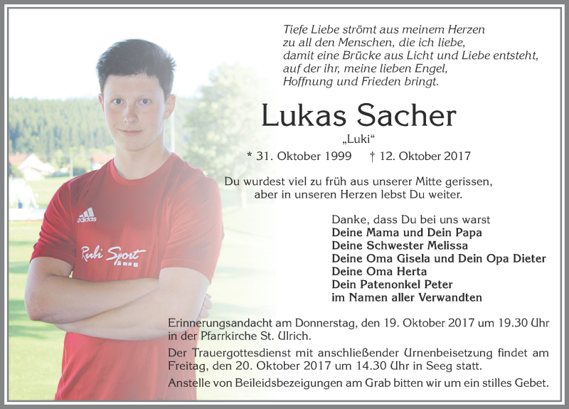  Traueranzeige für Lukas Sacher vom 16.10.2017 aus Allgäuer Zeitung, Füssen