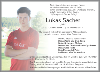 Traueranzeige von Lukas Sacher von Allgäuer Zeitung, Füssen