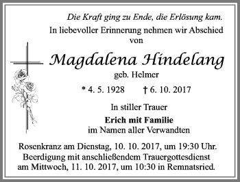 Traueranzeige von Magdalena Hindelang von Allgäuer Zeitung, Marktoberdorf