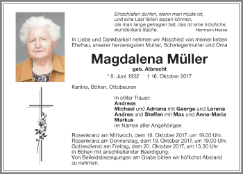 Traueranzeige von Magdalena Müller von Memminger Zeitung