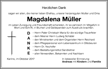 Traueranzeige von Magdalena Müller von Memminger Zeitung