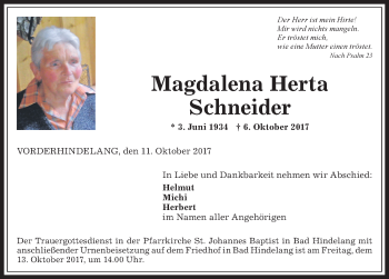 Traueranzeige von Magdalena Herta Schneider von Allgäuer Anzeigeblatt