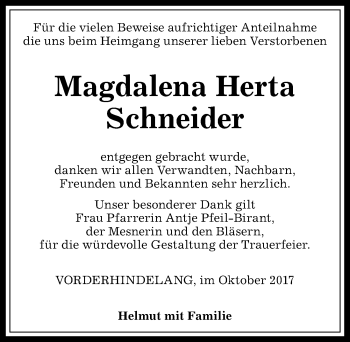 Traueranzeige von Magdalena Herta Schneider von Allgäuer Anzeigeblatt