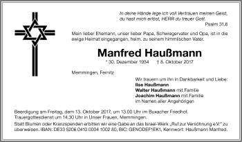 Traueranzeige von Manfred Haußmann von Memminger Zeitung