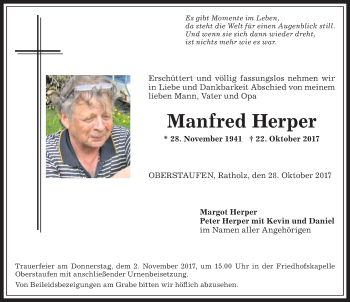Traueranzeige von Manfred Herper von Allgäuer Anzeigeblatt