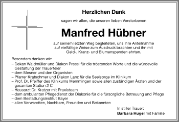Traueranzeige von Manfred Hübner von Memminger Zeitung