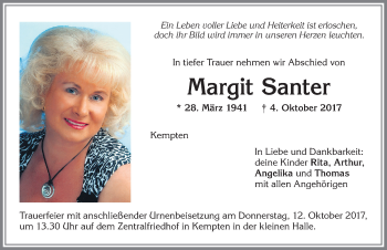 Traueranzeige von Margit Santer von Allgäuer Zeitung,Kempten