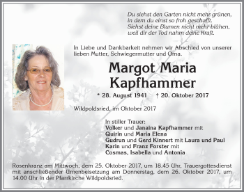 Traueranzeige von Margot Maria Kapfhammer von Allgäuer Zeitung,Kempten