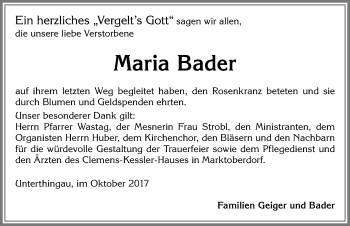 Traueranzeige von Maria Bader von Allgäuer Zeitung, Marktoberdorf