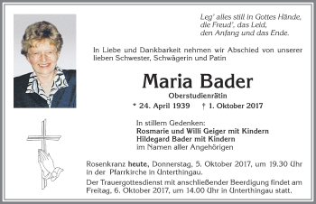 Traueranzeige von Maria Bader von Allgäuer Zeitung
