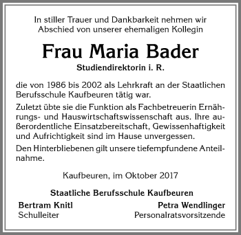 Traueranzeige von Maria Bader von Allgäuer Zeitung, Kaufbeuren/Buchloe