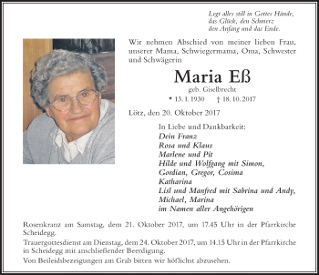 Traueranzeige von Maria Eß von Der Westallgäuer