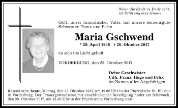 Traueranzeige von Maria Gschwend von Allgäuer Anzeigeblatt