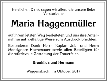 Traueranzeige von Maria Haggenmüller von Allgäuer Zeitung,Kempten