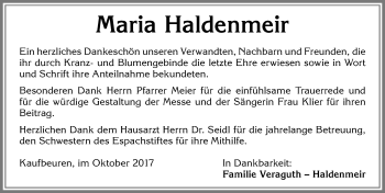 Traueranzeige von Maria Haldenmeir von Allgäuer Zeitung, Kaufbeuren/Buchloe