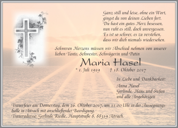 Traueranzeige von Maria Hasel von Memminger Zeitung