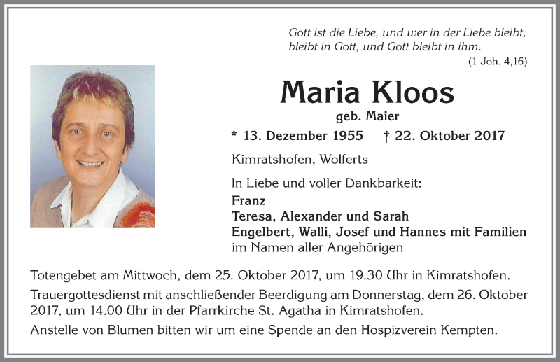  Traueranzeige für Maria Kloos vom 24.10.2017 aus Allgäuer Zeitung