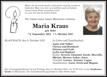 Traueranzeige von Maria Kraus von Allgäuer Anzeigeblatt
