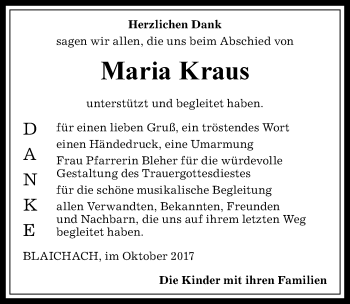 Traueranzeige von Maria Kraus von Allgäuer Anzeigeblatt