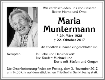Traueranzeige von Maria Muntermann von Allgäuer Zeitung,Kempten