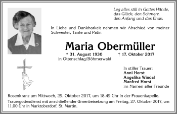 Traueranzeige von Maria Obermüller von Allgäuer Zeitung, Marktoberdorf