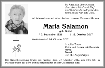 Traueranzeige von Maria Salamon von Allgäuer Zeitung, Marktoberdorf