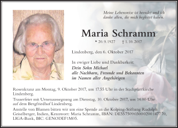 Traueranzeige von Maria Schramm von Der Westallgäuer