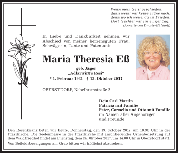 Traueranzeige von Maria Theresia Eß von Allgäuer Anzeigeblatt