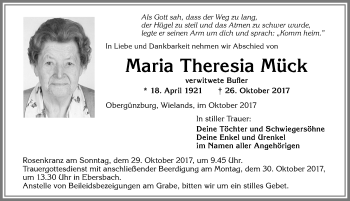 Traueranzeige von Maria Theresia Mück von Allgäuer Zeitung, Marktoberdorf