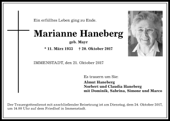 Traueranzeige von Marianne Haneberg von Allgäuer Anzeigeblatt