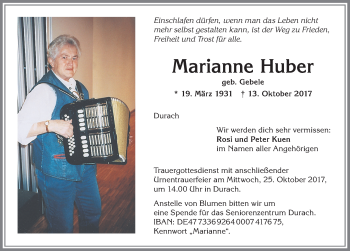 Traueranzeige von Marianne Huber von Allgäuer Zeitung,Kempten