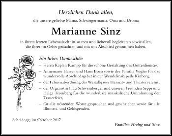 Traueranzeige von Marianne Sinz von Der Westallgäuer