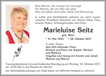 Traueranzeige von Marieluise Seitz von Allgäuer Zeitung