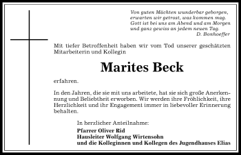 Traueranzeige von Marites Beck von Allgäuer Anzeigeblatt
