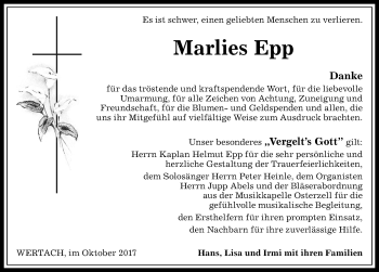 Traueranzeige von Marlies Epp von Allgäuer Anzeigeblatt