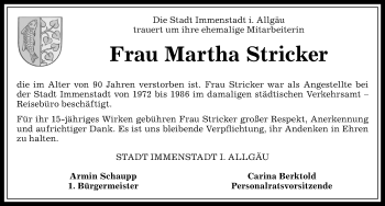 Traueranzeige von Martha Stricker von Allgäuer Anzeigeblatt