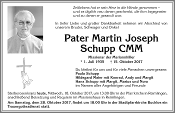 Traueranzeige von Martin Joseph Schupp von Allgäuer Zeitung, Kaufbeuren/Buchloe